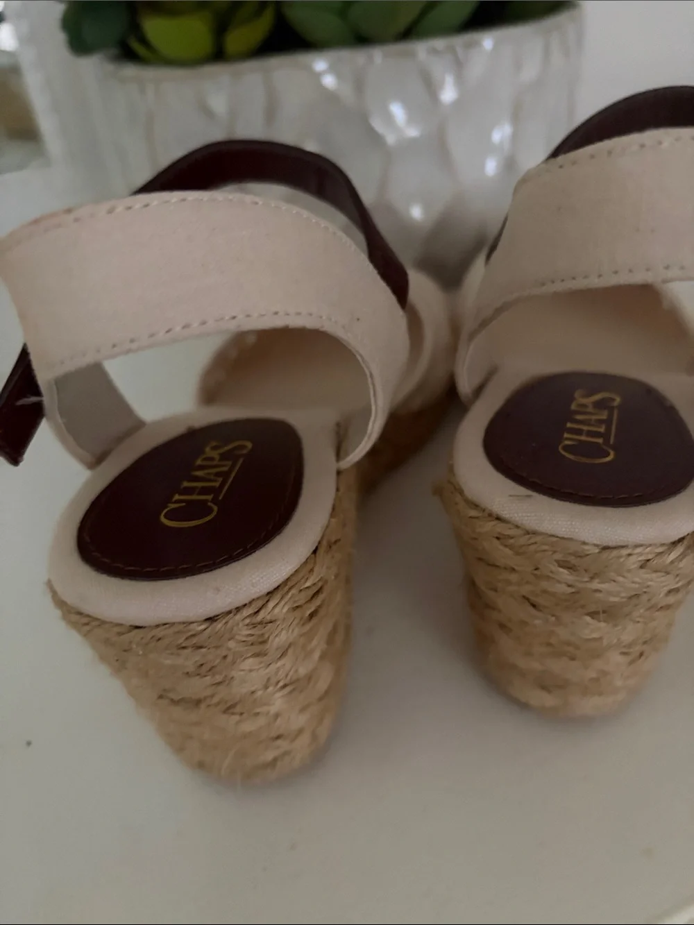 Chaps Cream Crochet Peep-Toe Wedge Sandals with Brown Ankle Strap